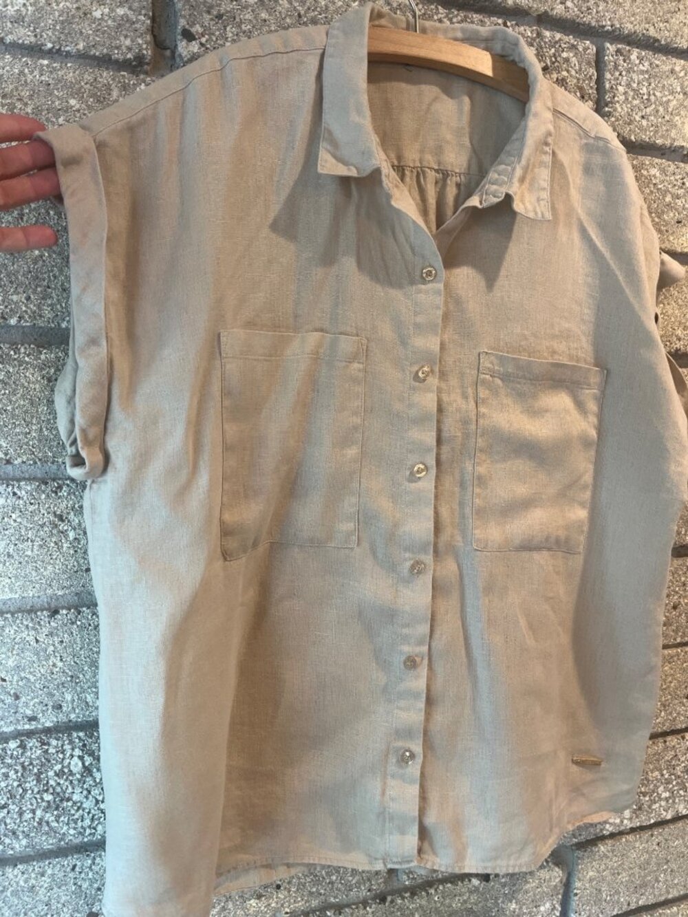 Marc New York Andrew Marc Womens Beige Linen Cuffed Sleeve Button-Up Shirt With